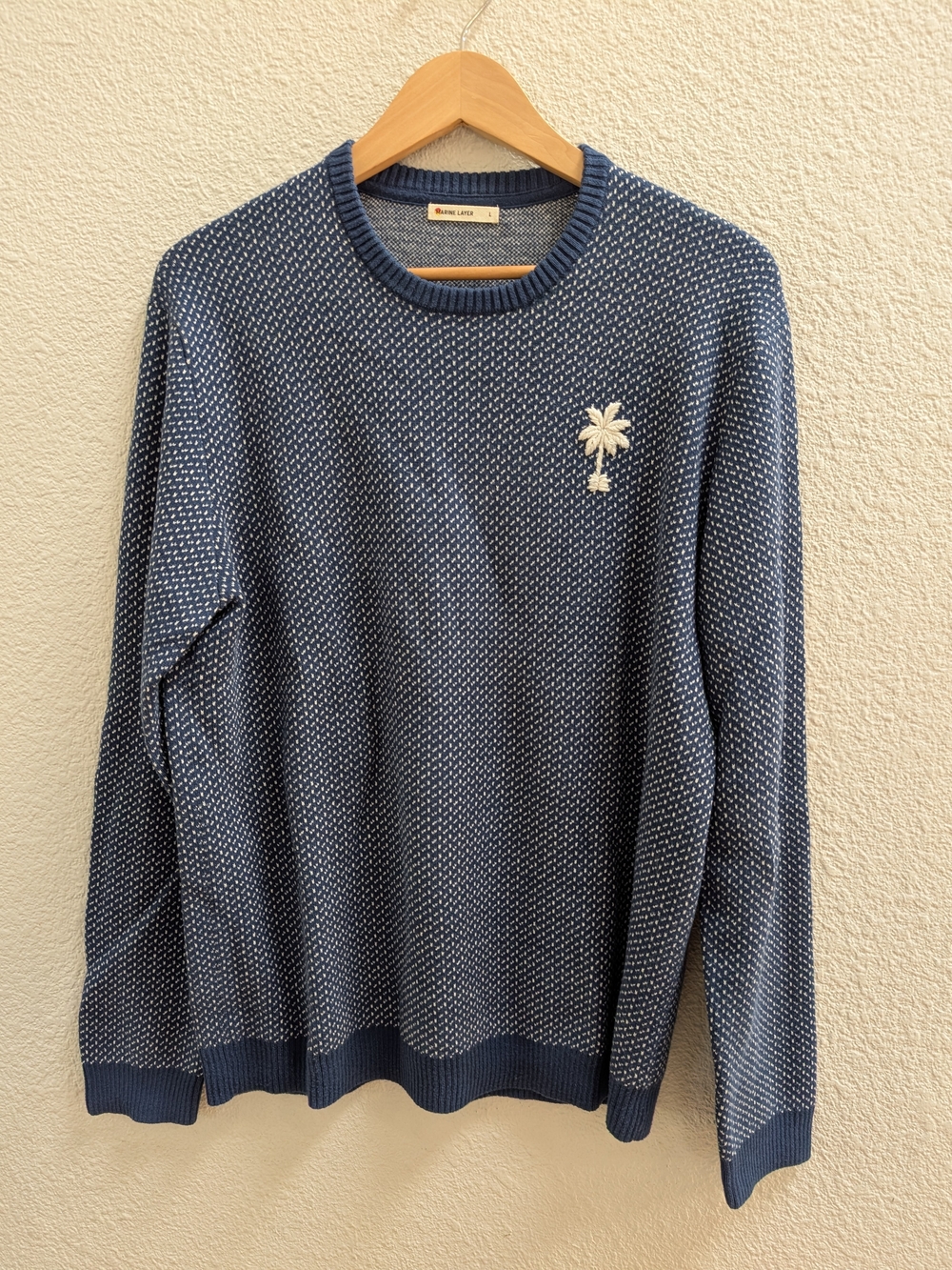 Men's Marine Layer Blue Knit Sweater with Embroidered Palm Tree, Size L